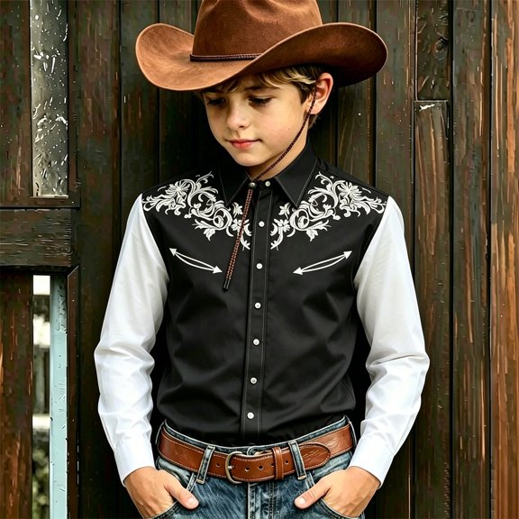 FYDUU Boys Western Cowboy Shirt Printed Retro Button-Down Shirt Long Sleeve Dress Shirts For Kids Festival Party Tops Fall Casual Blouses 8-9 Years