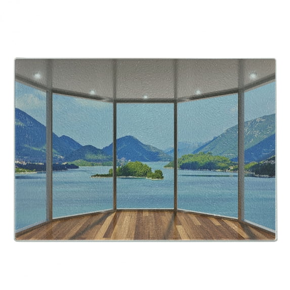 Seascape Cutting Board, Beach Seaside Hills Trees View from Window Illustration Summer Exotic Outdoorsy, Decorative Tempered Glass Cutting and Serving Board, in 3 Sizes, by Ambesonne