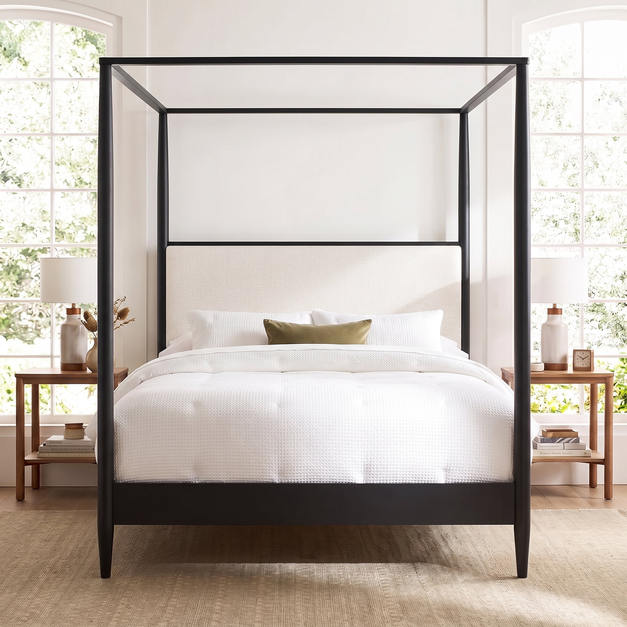 Euroco Modern Wood Queen Size Canopy Bed, Mid-Century 4-Poster Platform Bed with Boucle Upholstered Headboard and Tapered Legs, No Box Spring Needed, Black