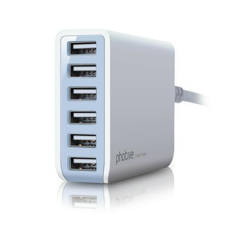 Photive 60 Watt 6 Port USB Desktop Rapid Charger with Intelligent USB Charger and Auto Detect Technology (White) USB Powered Extension Outlet for USB Powered