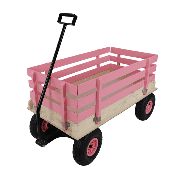Pink Wooden Kids Pull Wagon with All-Terrain Wheels, Heavy-Duty Outdoor Cart for Toddlers, Portable Toy Wagon Ideal for Beach, Camping, Garden and Backyard Fun