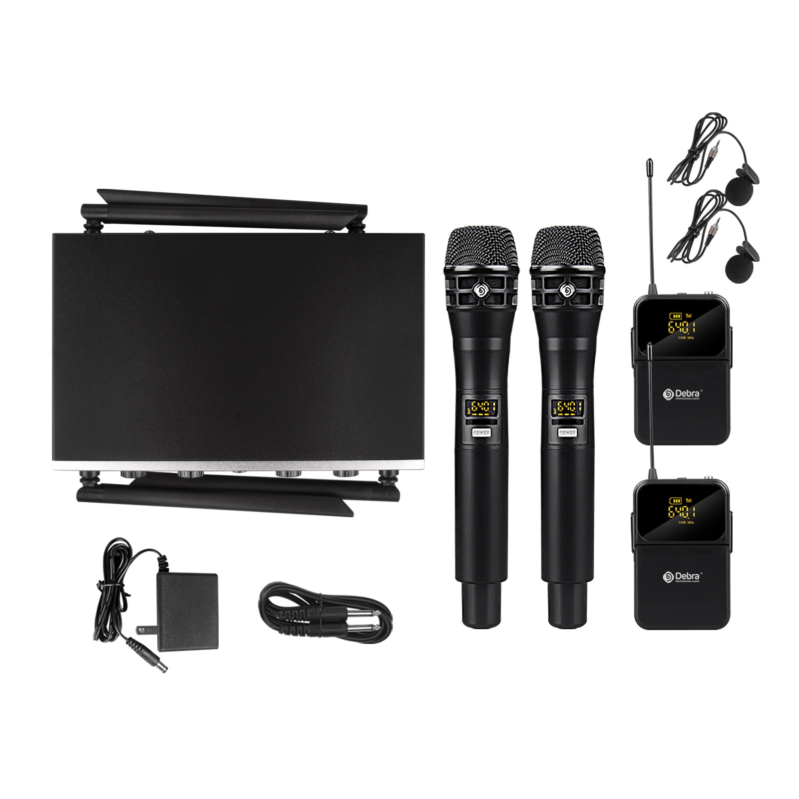 D Debra Audio Wireless Microphone System Pro DU4004 UHF 4 * 16 Adjustable Channel Wireless Handheld Lavalier Headset Mics, Ideal for Meeting Church Speech Party (2 Handheld & 2 Bodypack)