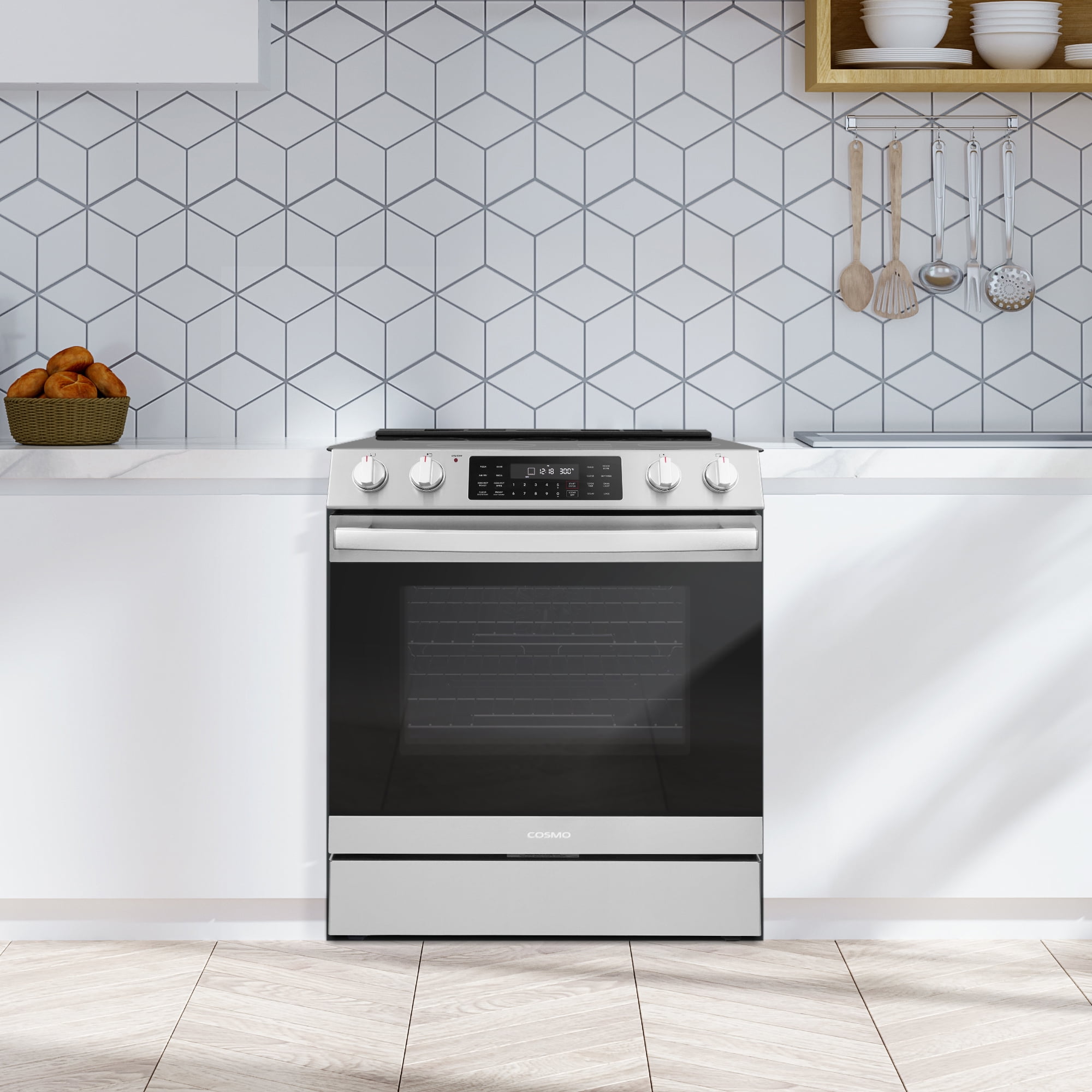Cosmo 30 in. Haven Collection 6.3 cu. ft. Electric Range, 5 Burner Ceramic Glass Cooktop, Self Clean, Air Fry, Stainless Steel