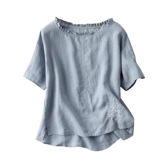 Womens Tops Under $10 Womens Linen Embroidered Shirts Summer Short Sleeve Cotton Gauzy Tops Ruffle Crew Neck Peasant Tunic Boho Blouses Blue XL