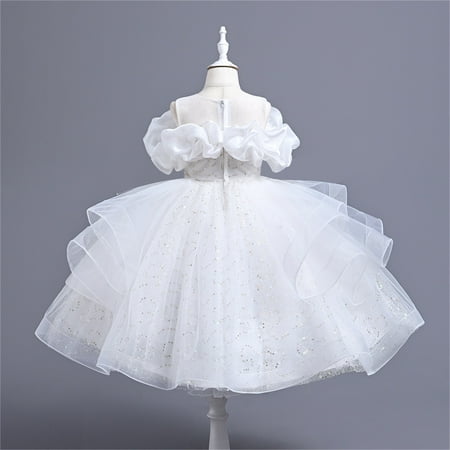 

Girls Tulle Dress Summer Sleeveless Round-Neck Mesh Petals Dresses Ruffled Lace Embroidery Princess Bow Skirts White 6 Years