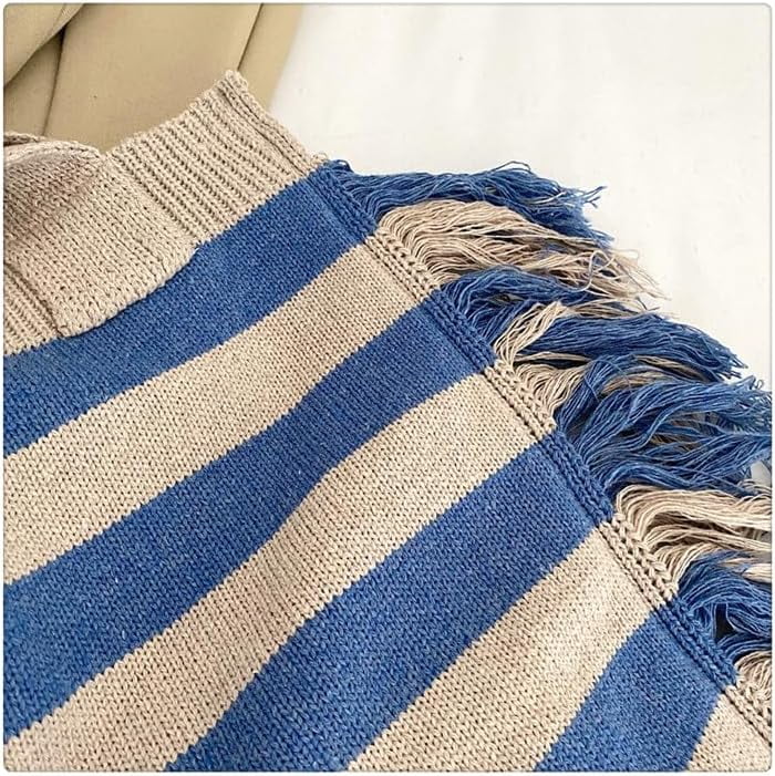 JennyShop Trendy Knitted Shoulder Handbag Striped Tote Bag with Tassel Decoration Color Blocked Crochet Underarm Bag