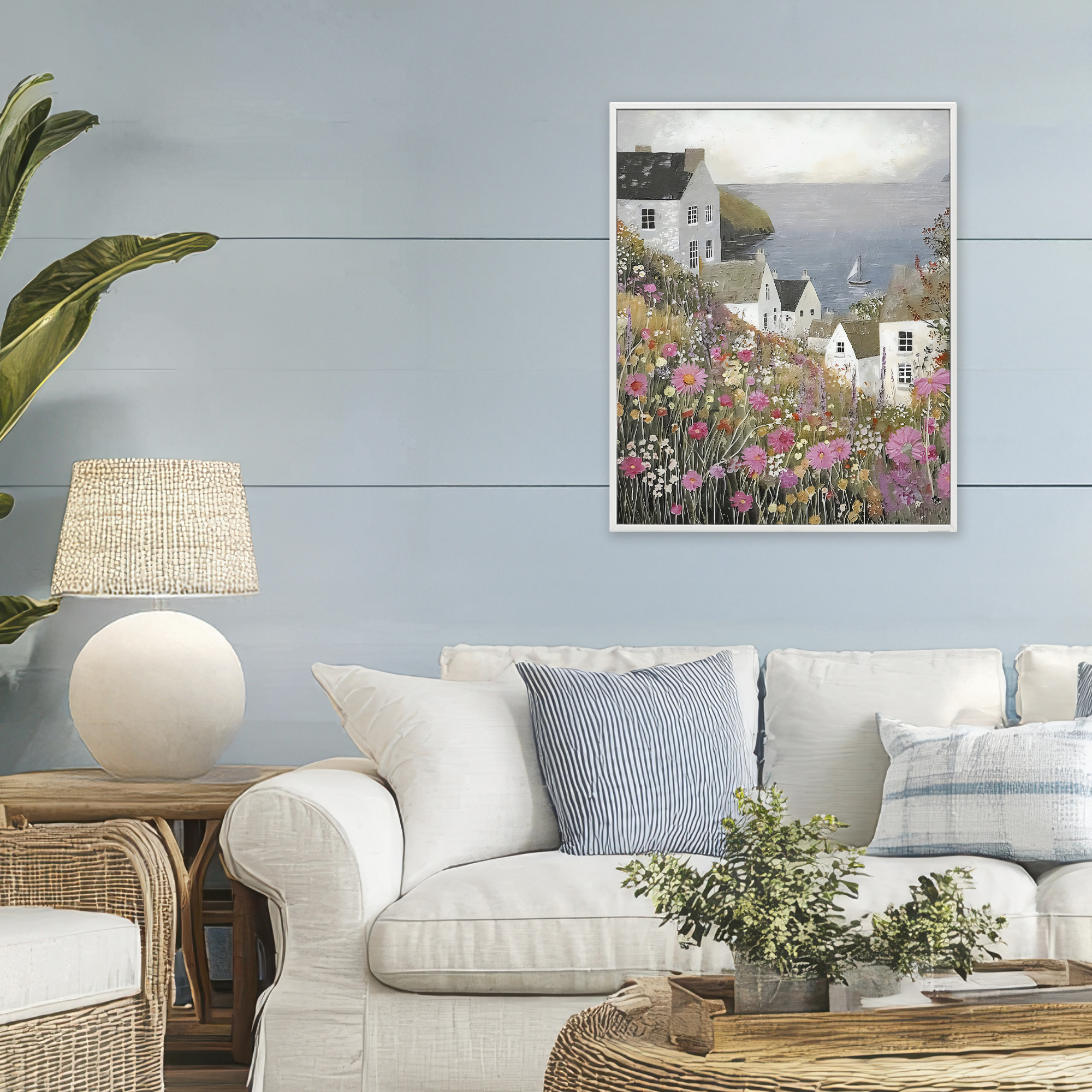 Stupell Industries Picturesque Village over Sea White Framed Giclee Art, design by Riley B