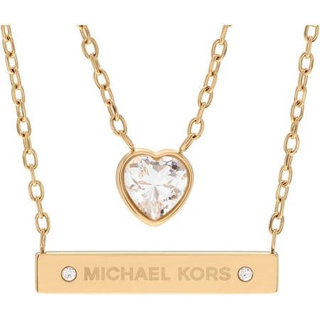 Michael Kors Women's Crystal Gold-Tone Stainless Steel Heart and Bar Double Pendant Fashion Necklace, 18