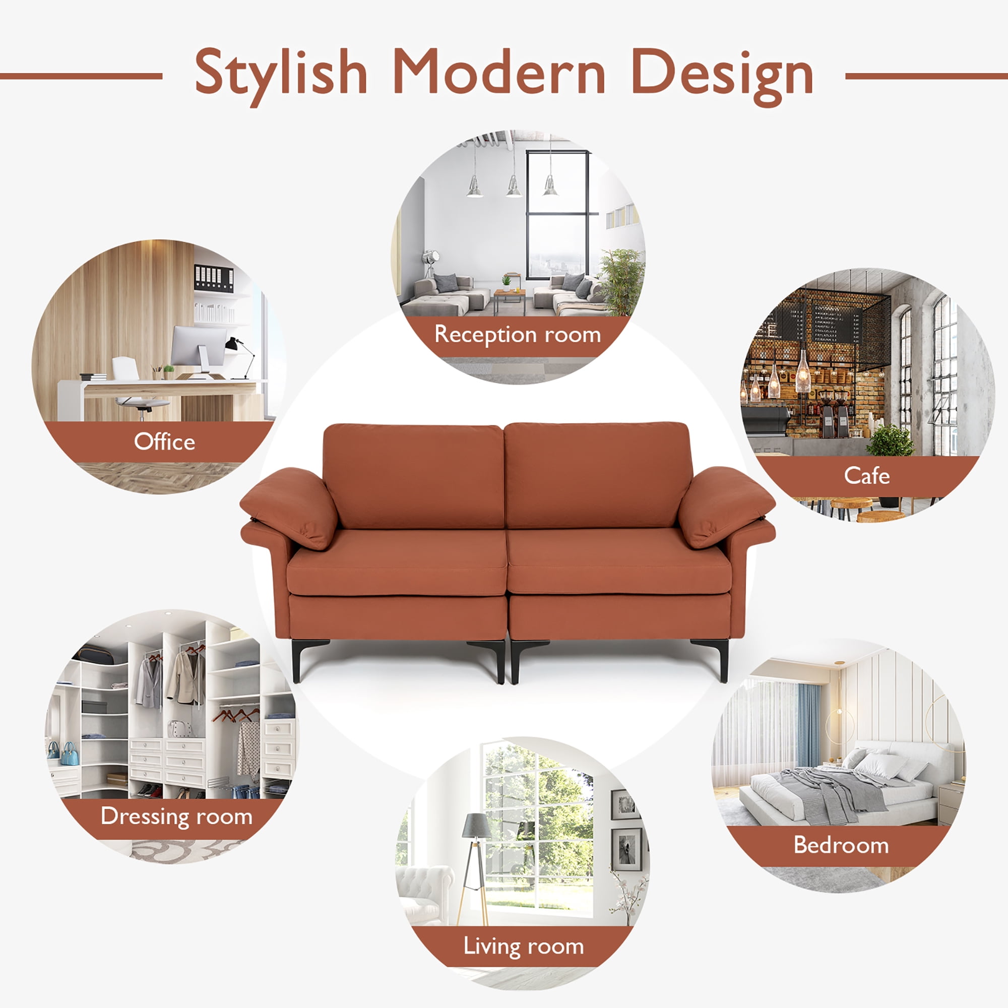 Costway Modern Loveseat Fabric 2-Seat Sofa Couch for Small Space w/ Metal Legs Rust Red