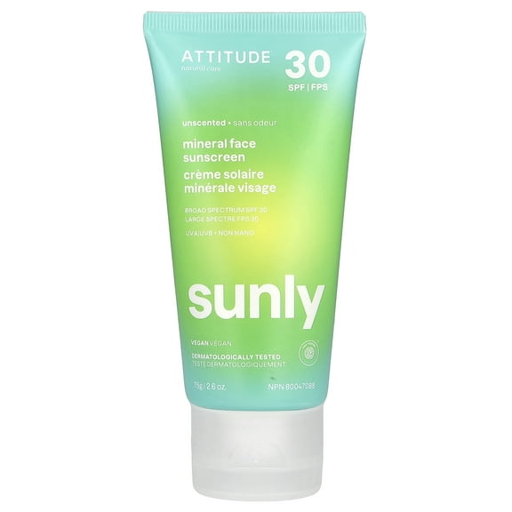ATTITUDE Sunly, Mineral Face Sunscreen, SPF 30, Unscented, 2.6 oz (75 g)