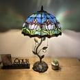 thumbnail image 3 of Tiffany Table Lamp Blue Purple Stained Glass Tulips Iron Metal Leaves Bronze Base Included LED Bulbs for Living Room Dining Room Bedroom Bedside 14"W*14"D*24"H, 3 of 5