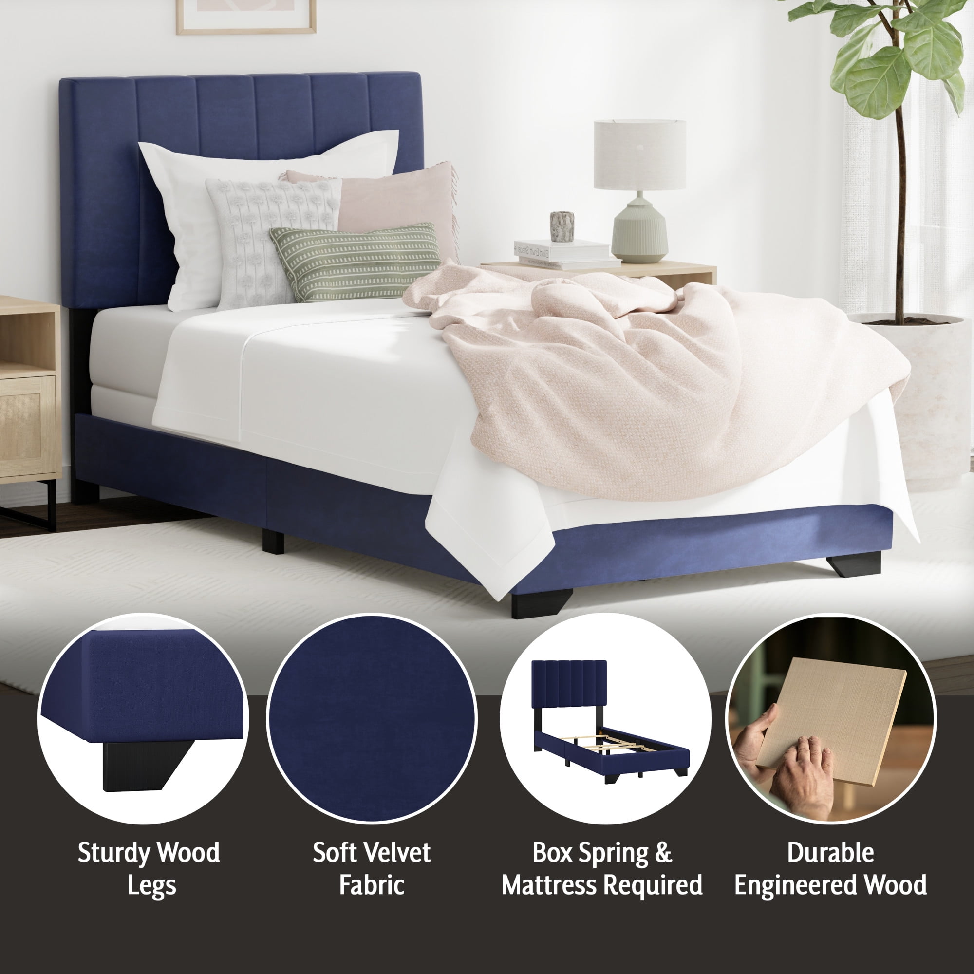 Reece Channel Stitched Upholstered Twin Bed, Sapphire, by Hillsdale Living Essentials