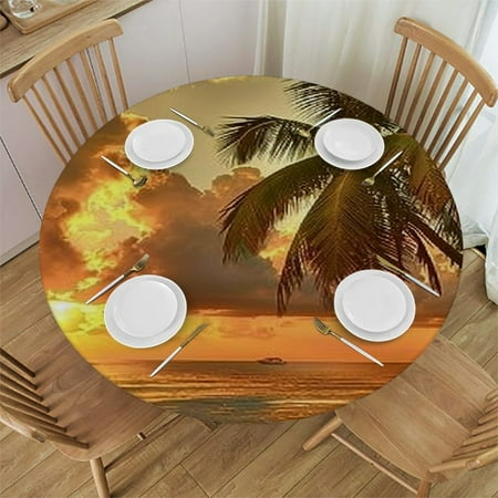 

Round Tablecloth Beach Tablecloth for Side Table Exotic Sandy Beach Fit Round Tables Diameter Buffet Table/Parties/Holiday Dinner Multicolor