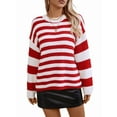 thumbnail image 2 of Womens Striped Sweater Pullover Crewneck Knit Long Sleeve Ribbed Knitted Sweaters Trendy Casual Soft Top Red XL, 2 of 9