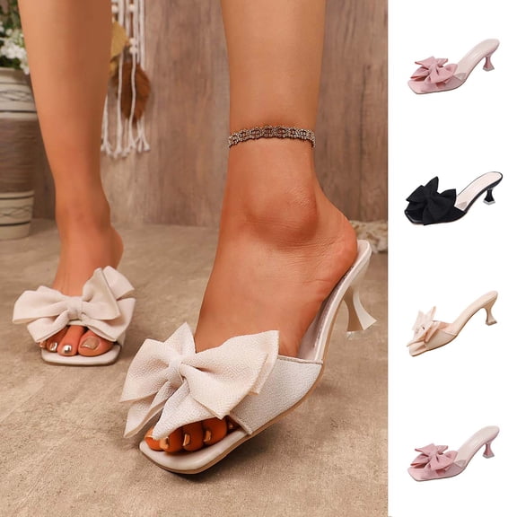 Miluxas Women's Bow Heel Sandals Square Open Toe Boho Dressy Cute Wedding Vacation Summer Slides Shoes Pink 9.5(43)