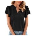 thumbnail image 2 of Exrradully Womens Spring And Summer Gold Lace Stitching V-neck Solid Color Bottom T-shirt Hollow Top T-shirt Black, 2 of 8
