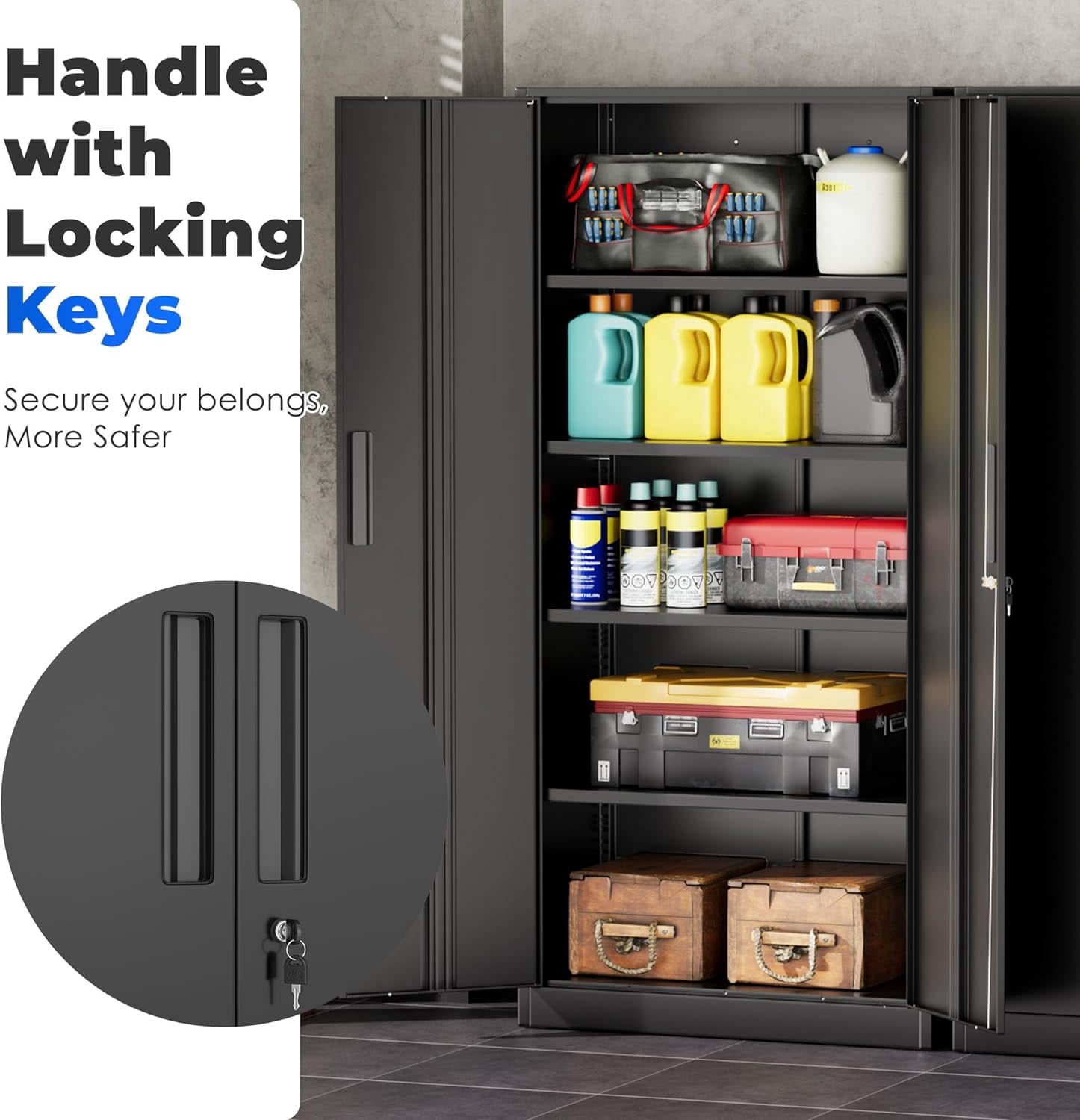 SOLAURA Metal Storage Office Cabinets with Locking Doors and Adjustable Shelves, 71 inch Tall Steel Storage Cabinet for Office, Home (Black)