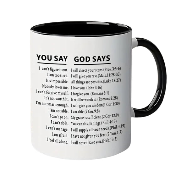 "You Say, God Says" Inspirational Bible Verse Mug - 12 oz Ceramic Coffee Mug with Black Handle, Encouraging Scripture Gifts for Women, Men(White)