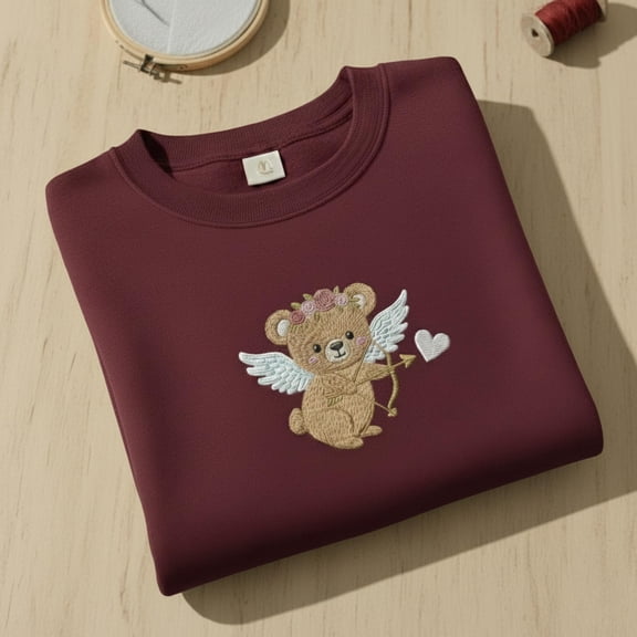 Valentines Bear Cupid Embroidered Sweatshirt, Cute Teddy with Wings Embroidery Shirt, Love Theme Sweater, Romantic Gift for Bear Lover