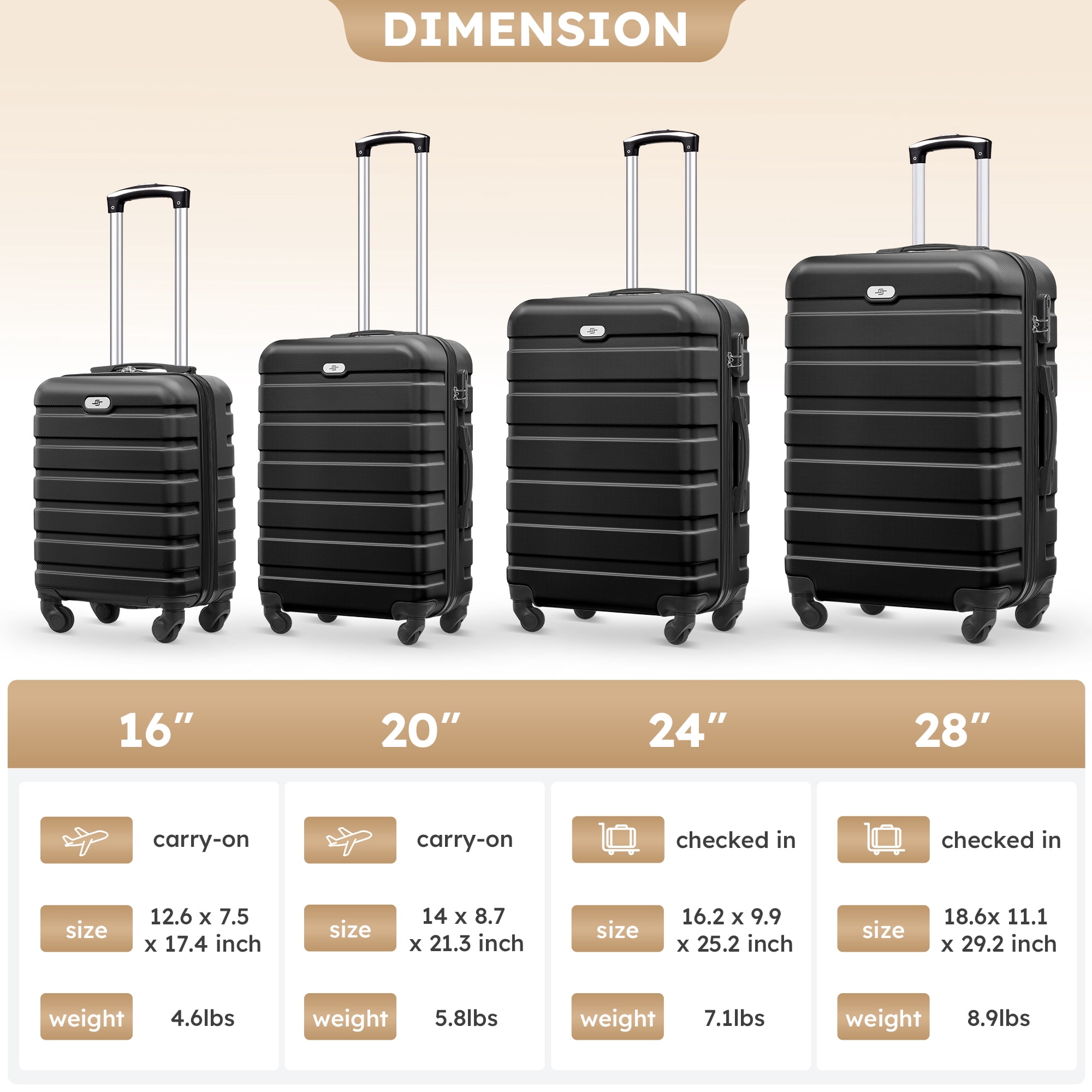 4 Piece Luggage Set 16/20/24/28 inch Hardside Lightweight Suitcase with Spinner Wheels (Black)