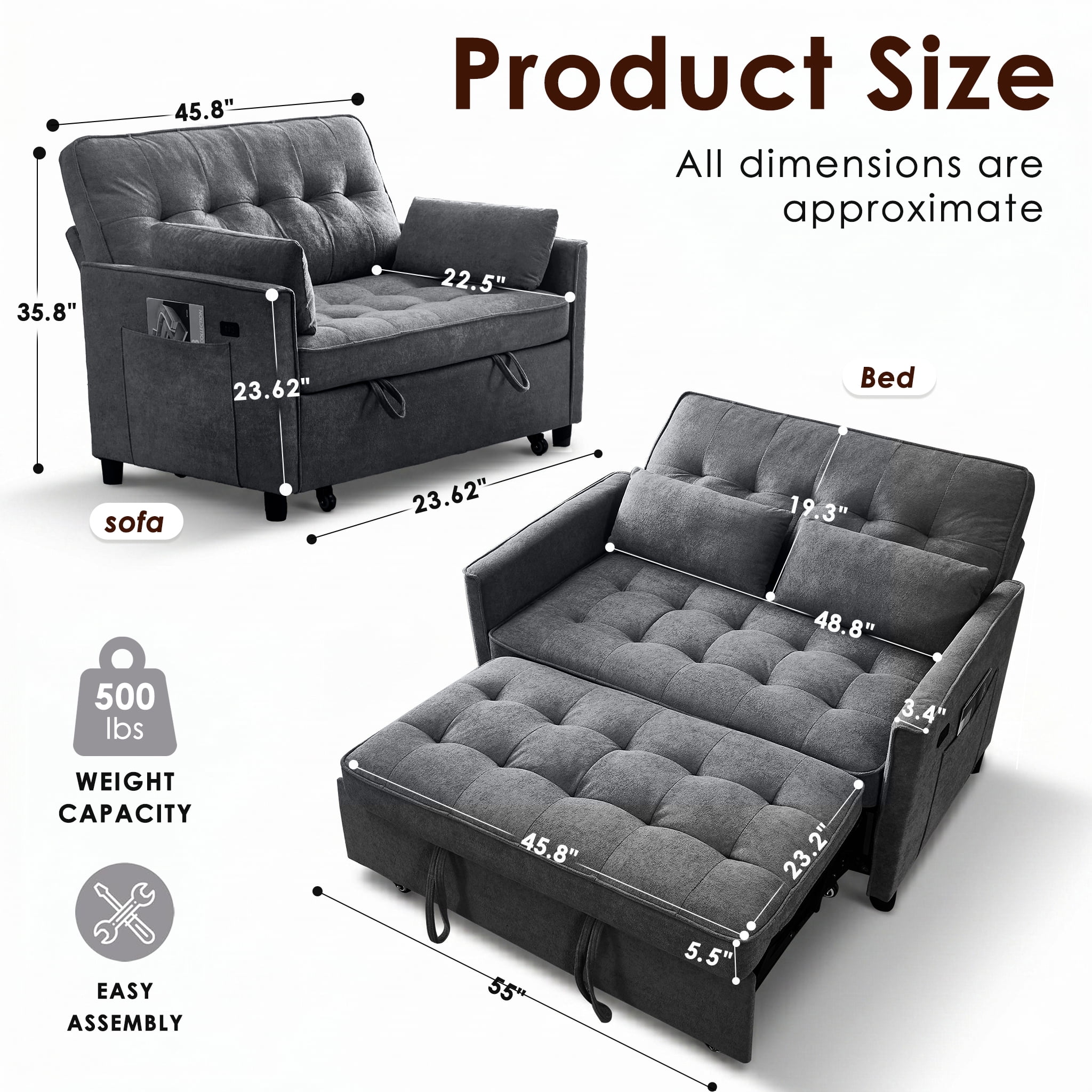 avobird 54'' 3 in 1 Pull Out Sofa Bed, Convertible Couch with Adjustable Backrest/Side Pockets/USB Charging Ports, Sleeper Sofa for Living Room, Dark Gray