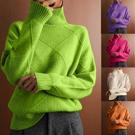 Lovskoo 2024 Sweaters for Women Turtleneck Trendy Casual Long Sleeve High Neck Pullover Solid Color Top Green