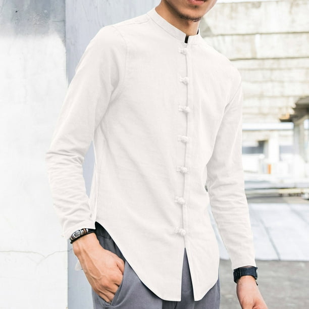pstuiky Camisas casuales de manga larga para hombre, Camisa informal de manga larga con cuello alto y botones especiales de color sólido para hombre. Tops de hombre l
