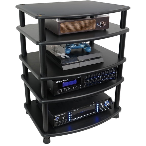 Rockville FLX Black Bundle: 4 Shelf Adjustable Height Audio Rack Stand, FLX Add On Shelf with Tubes, 5 Shelf Home Theater Storage, 2-items