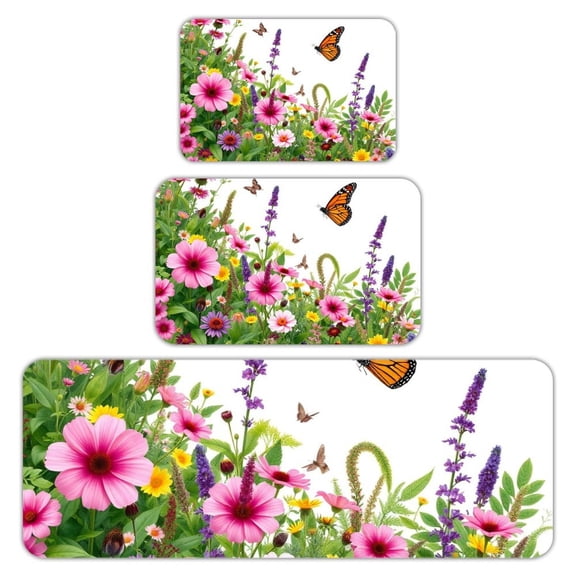 RKSupls Kitchen Rug Set 3 Piece Anti-Slip Flannel Floor Mats, Butterfly Flower Garden Washable Absorbent Runner Mats for Kitchen Bathroom Home Decor