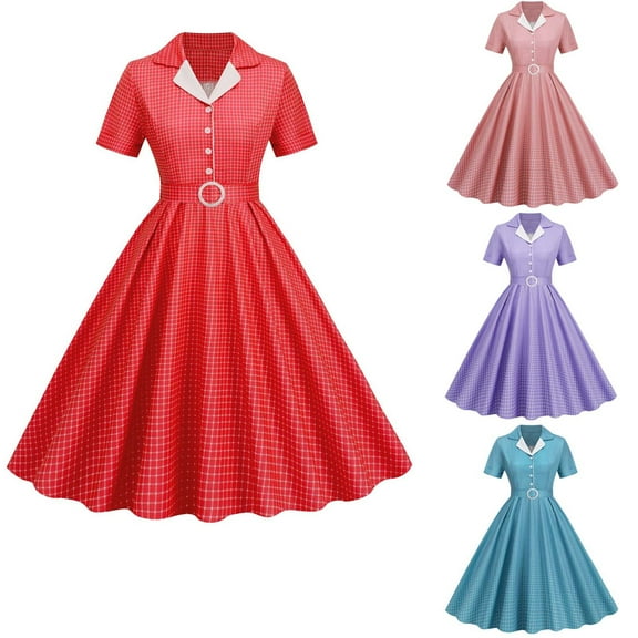 Miluxas Women Notch Lapel Vintage V-Neck Cocktail Swing Dress 50s 60s Button up Prom Midi Evening Dress Red 10(XL)