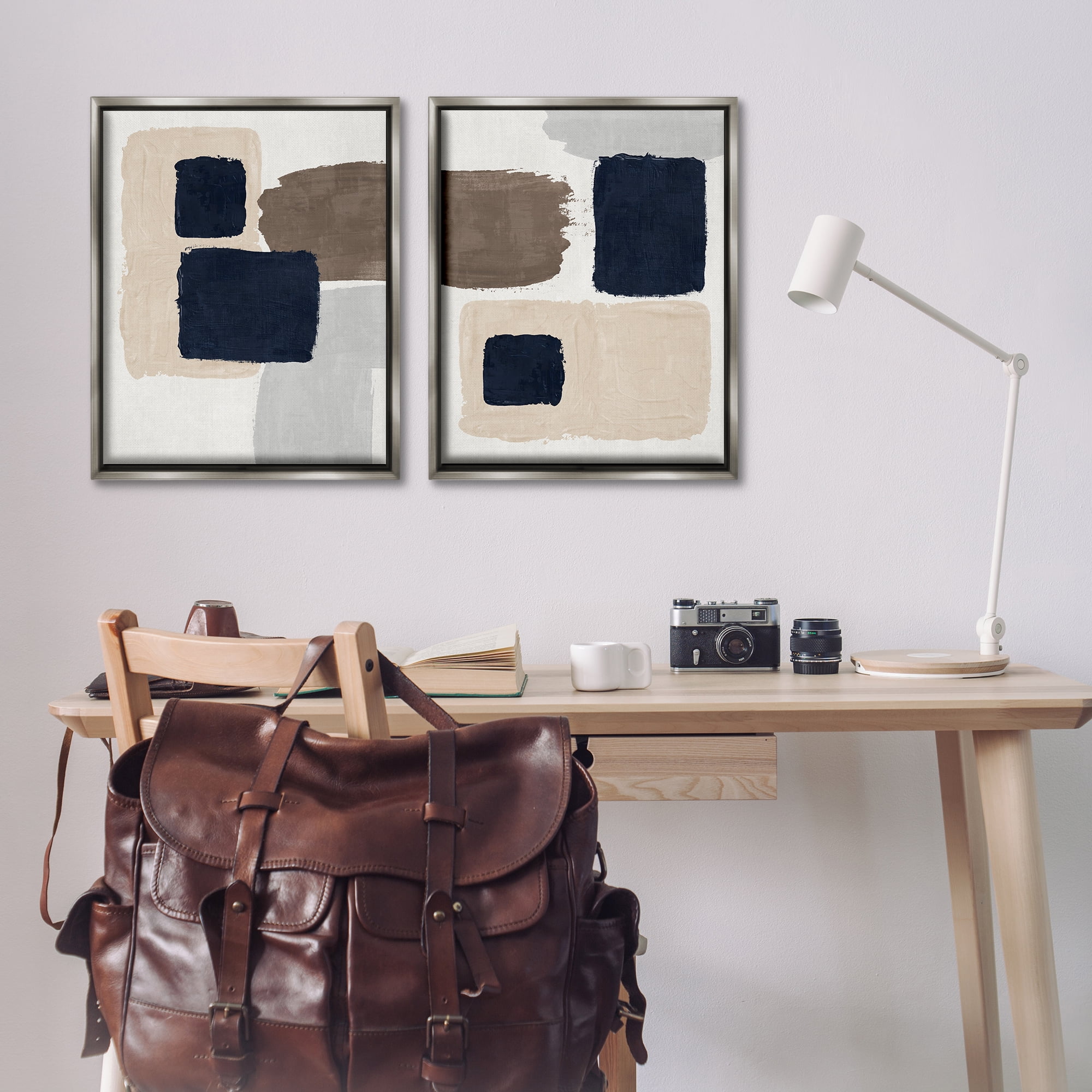 Stupell Industries Navy Brown Blocked Abstract Painting Gray Floater Framed Canvas Art Print Wall Art, 31 x 25, Set of 2