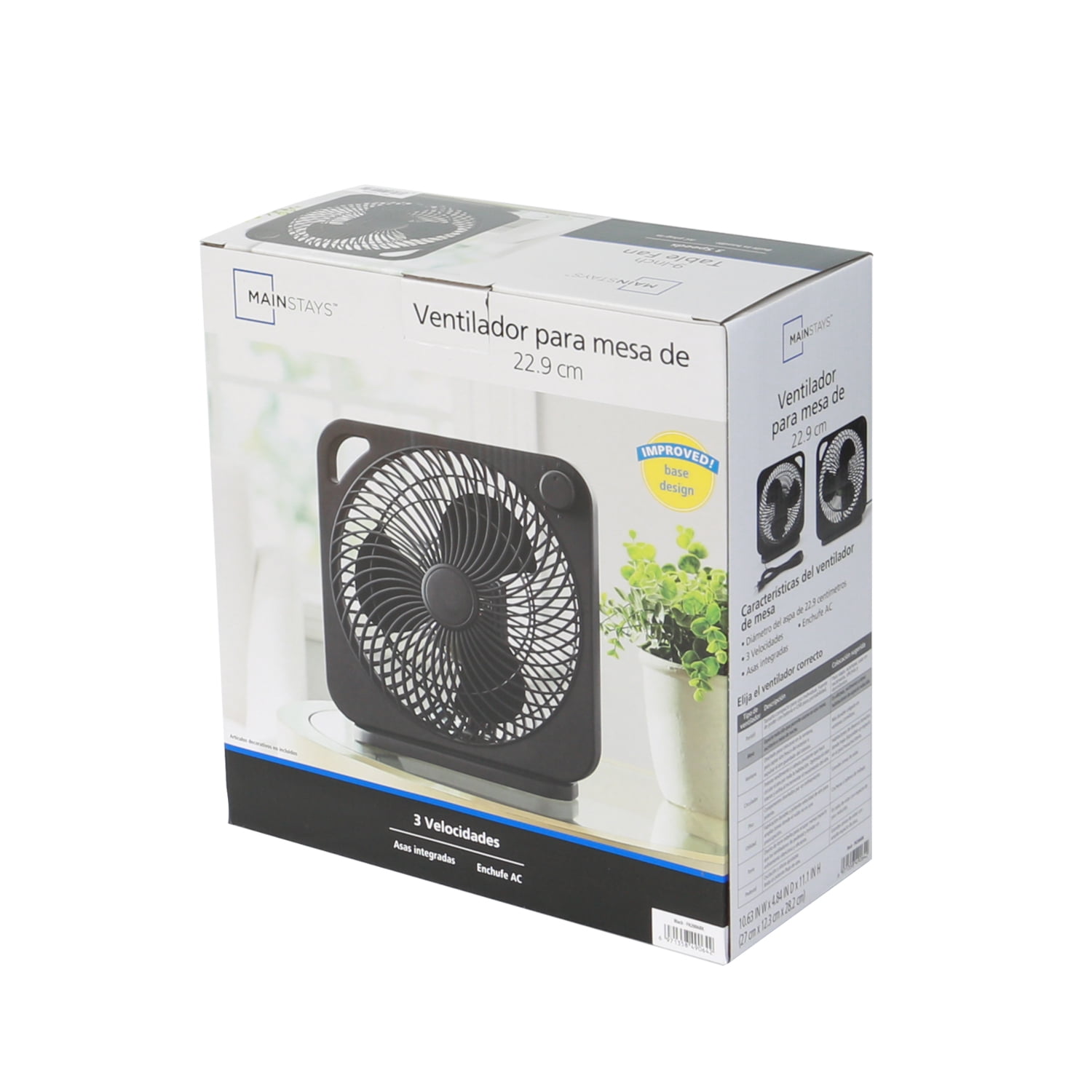 Mainstays 9-inch Box Indoor Comfort Personal AC Electric Fan, 3 Speeds, Black