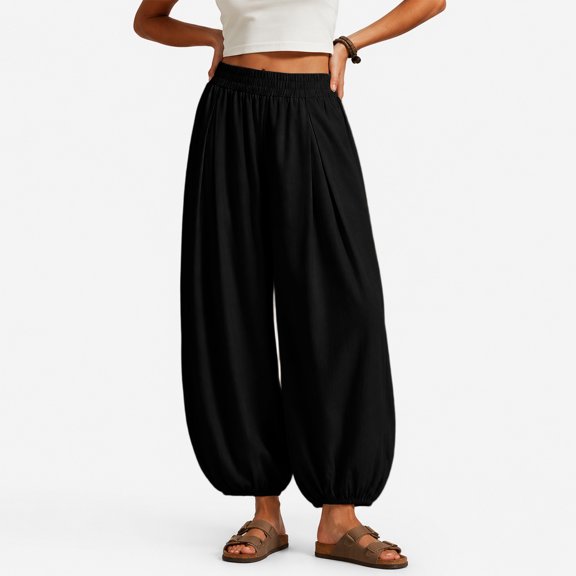 Women's Casual Loose Lantern Harem Pants Elastic Waist Baggy Wide Leg Trousers with Cuffed Ankles for Summer Wear