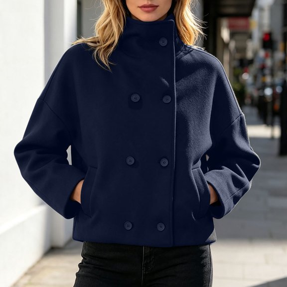 Uobin Women's Cropped Peacoat Double Lapel Short Winter Loose Fit Casual Short Jacket Outwear Loose Drop Shoulder Woolen Outerwear for Fall Winter