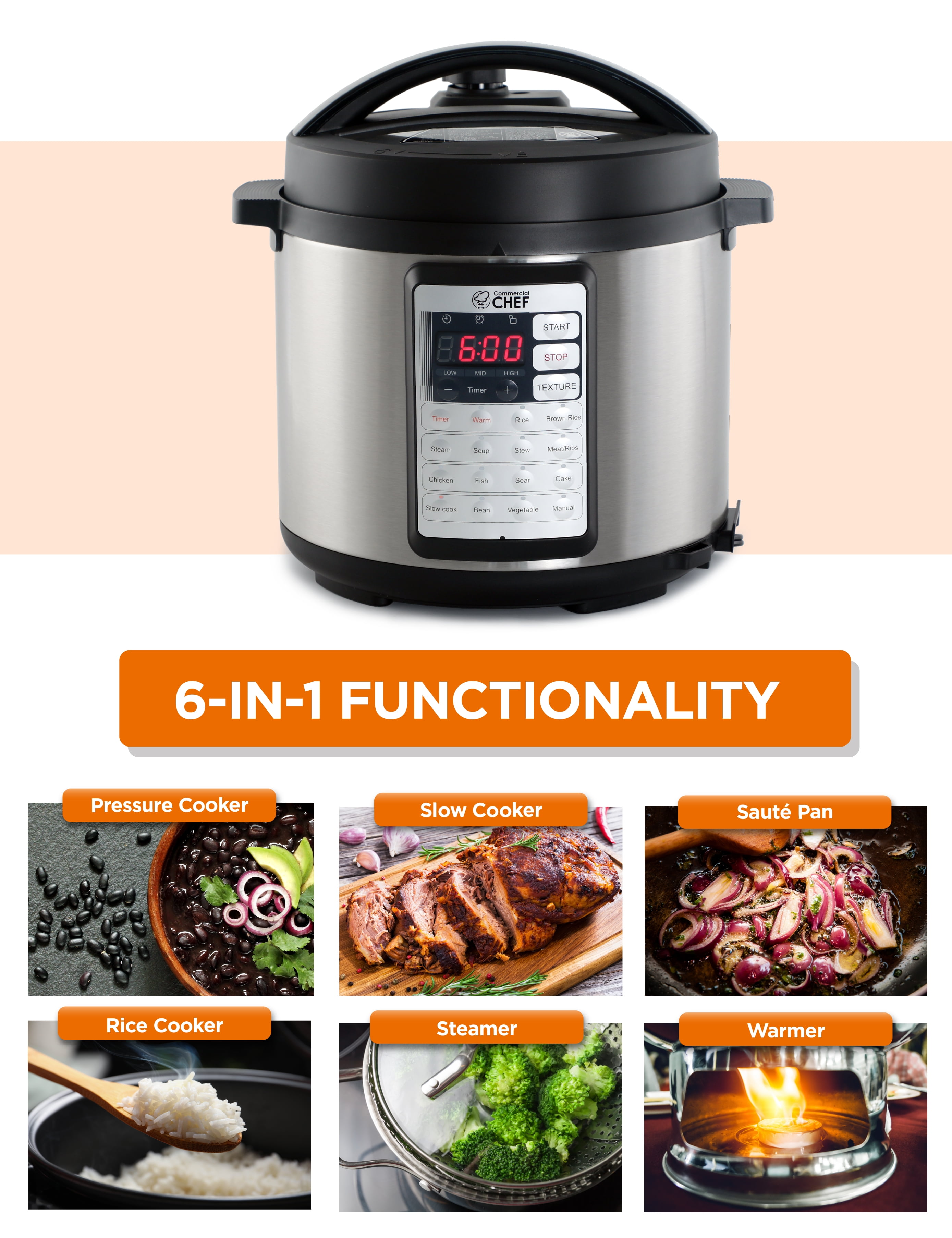 Commercial Chef 6.3-Quart 13-in-1 Electric Pressure Cooker, Stainless Steel  