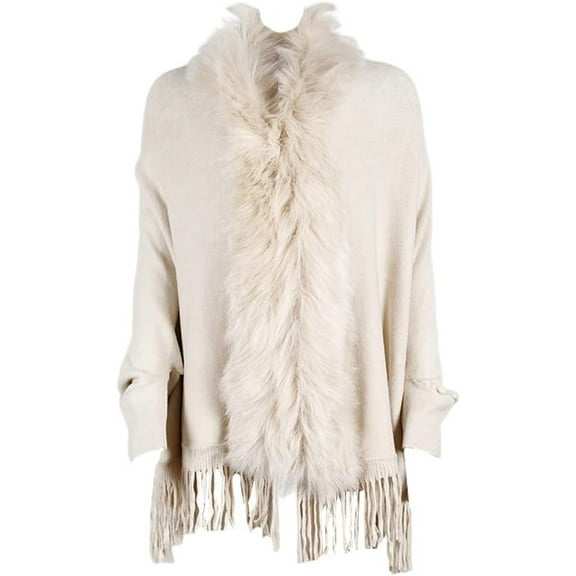 ZhangBaoLin Women Shawl Wrap Cardigan Faux Fur Collar Poncho Cape Sweater Tassels Knit Coat