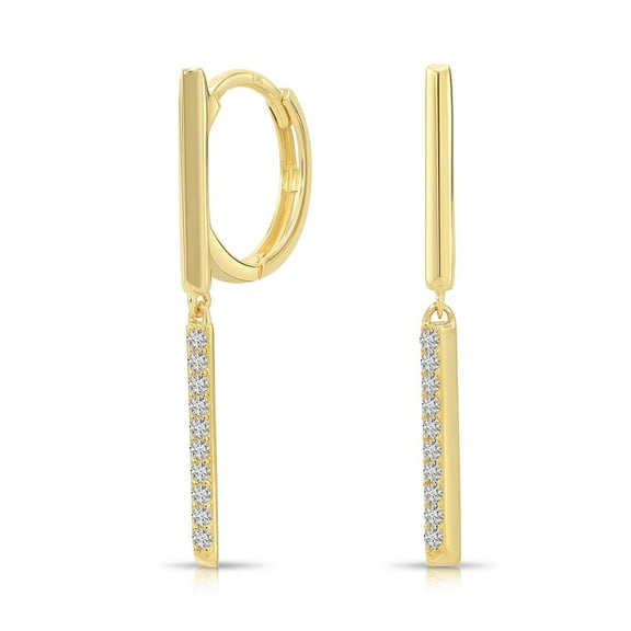 Tilo Jewelry 14K Yellow Gold Pave Linear Bar Drop Huggie Earrings with Cubic Zirconia CZ Stones | Fancy Earrings for Women & Unisex