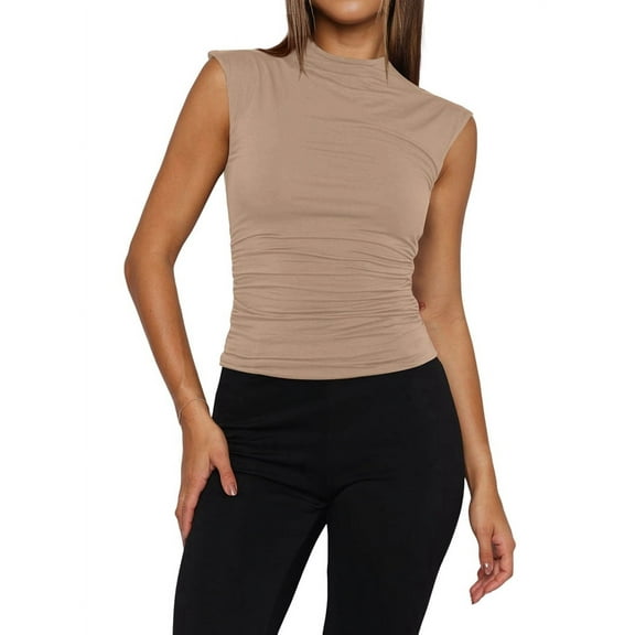 Women'S Going Out Basic Tank Tops Mock Neck Spring Clothes Sleeveless Cute Shirts Summer Y2K Outfits Khaki L