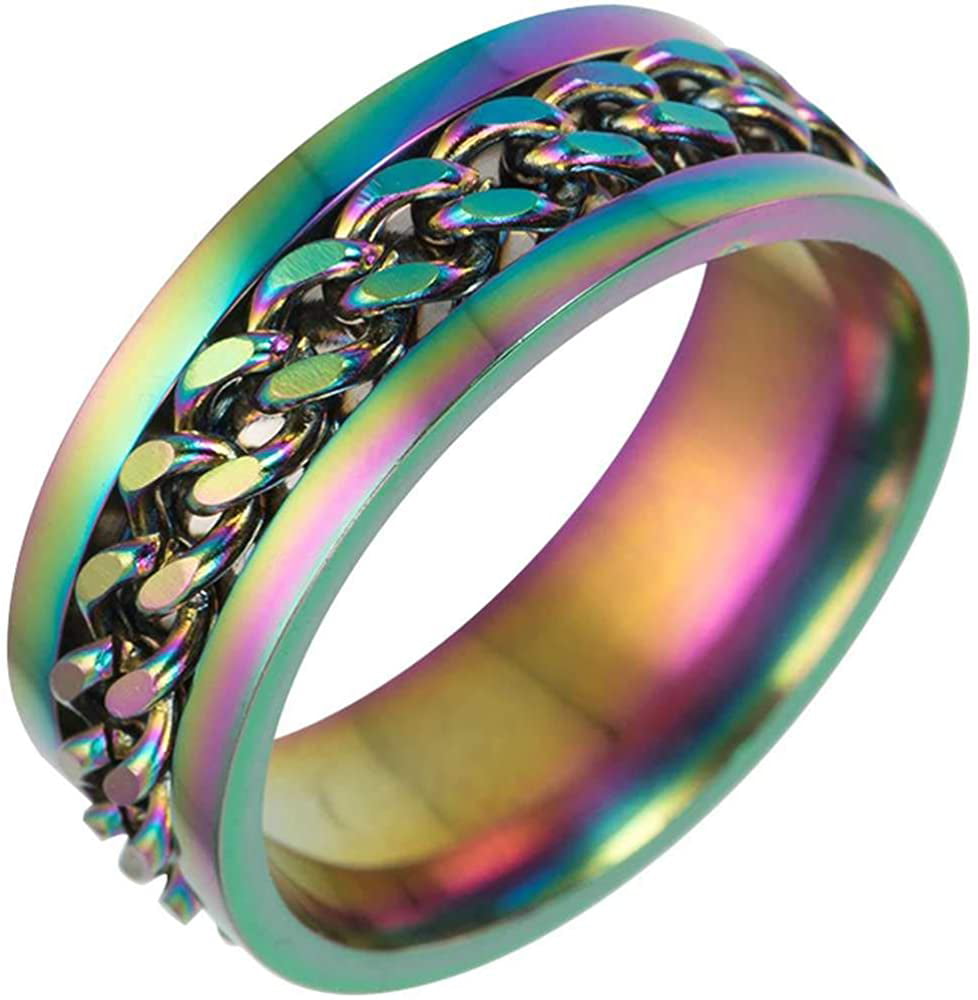 8mm Stainless Steel Chain Inlay Wedding Band Biker Ring 