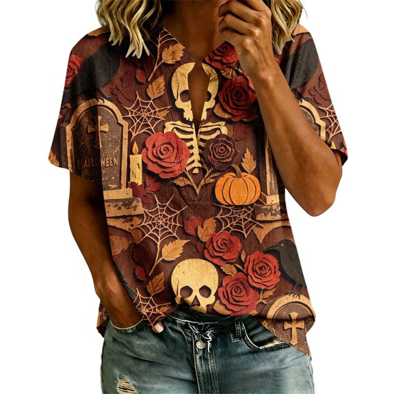 Short Sleeve Tops for Women Stand‑Collar V‑Neck Short‑Sleeve Loose‑Fit Printed Blouse Lightweight Fashion Outfits Clothes L