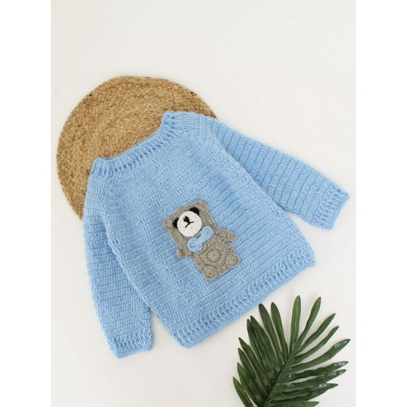 Woonie Handmade Full Sleeves Bear Applique Sweater-Light Blue