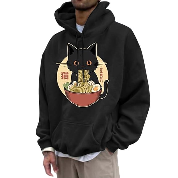 CONROSES Men's Hoodies Cute Black Cat Graphic Hoodie for Men Long Sleeve Warm Pullover Hooded Sweatshirt Soft Fall Winter Sweatshirts With Pocket