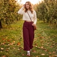 thumbnail image 5 of Satingcolo Linen Pants Women Wide Leg Ruffle Hem Pull On High Waisted Elastic Waist Cropped Ankle Casual Beach Summer Pants Wine S, 5 of 8
