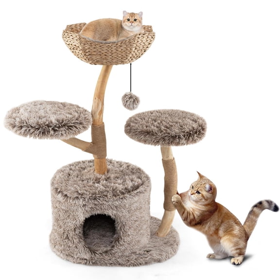 Barara King Cat Tower with Perch and Sisal Scratching Posts, Wood Solid Pear Cat Tree, Modern Cat Tower Tree for Indoor Cats, Brown
