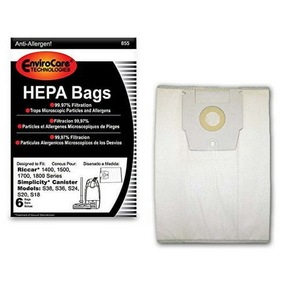 EnviroCare Replacement HEPA Filtration Vacuum Cleaner Dust Bags made to fit Riccar 1400, 1500, 1700, 1800 Series and Simplicity S38, S36, S24, S20 and S18 Canisters 6 pack