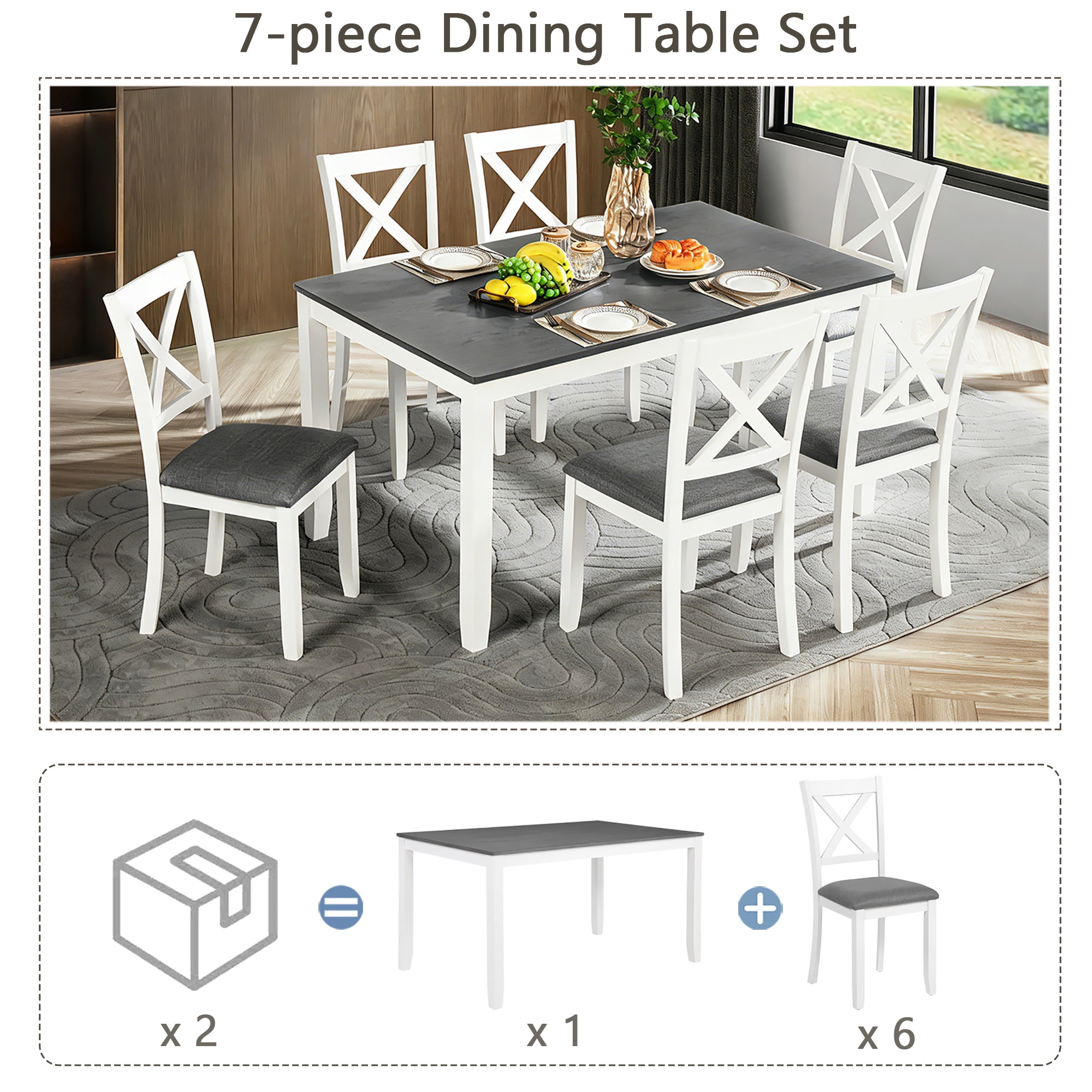 7 Piece Dining Set for 6, 58.5" Rectangular Dining Table with 6 Upholstered Chairs