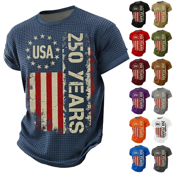 Havenx American Patriotic T Shirts for Men Waffle Fabric American Flag Design Shirt Crew Neck Short Sleeve T-Shirt Casual 250 Years Of Freedom Cross Patriotic Tee,Wine 3XL
