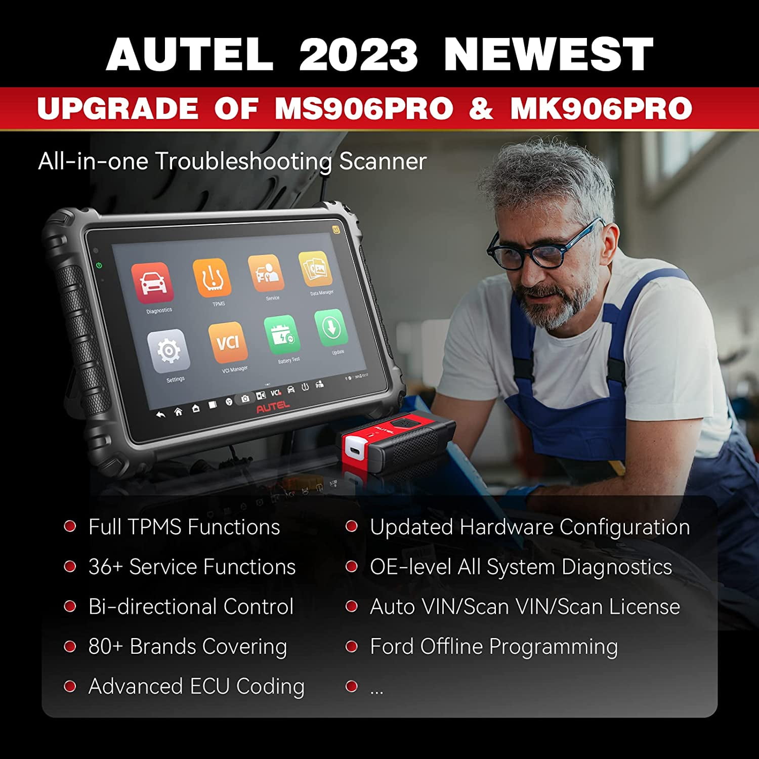 Autel Scanner MaxiCOM MK906 Pro-TS Car Diagnostic Scan Tool ECU Coding, Full  TPMS Functions 36+ Service CAN FD  DoIP Upgrade of MS906Pro-TS/ MS906TS/  MP808TS