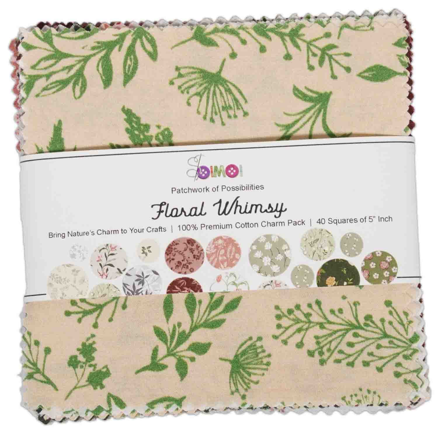 40 Pcs Cotton Bundles Charm Packs for Quilting, Precuts Quilt Squares 5 x 5 inches, Fabric Scraps for Crafts, Fat Quarter Layer Cakes, DIY Fabric Bundle Squares Supplies - Floral Whimsy
