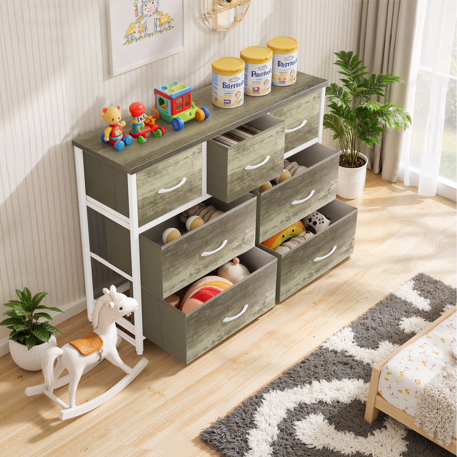 Dresser, Betcozy Storage Organizer with 7 Drawers for Bedroom, Chest of Drawers with Fabric Bins, Sturdy Metal Frame, Wood Tabletop for Guest Room, Closet, Entryway, Nursery, Smoked ash